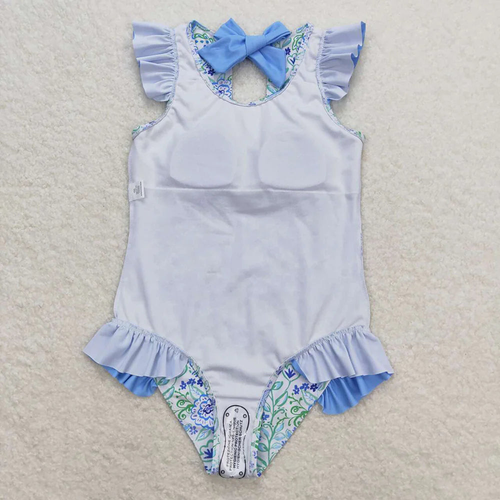 Blue Flower Ruffle One Piece Swimsuit