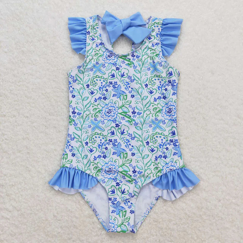 Blue Flower Ruffle One Piece Swimsuit