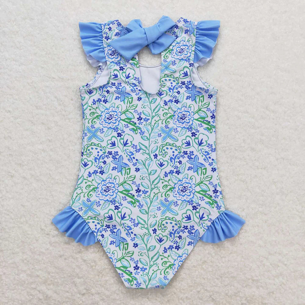 Blue Flower Ruffle One Piece Swimsuit