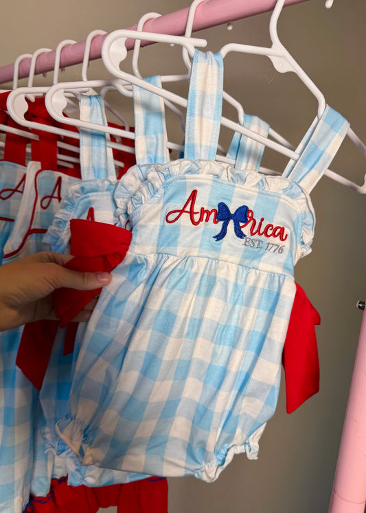 America Gingham Ruffle Romper